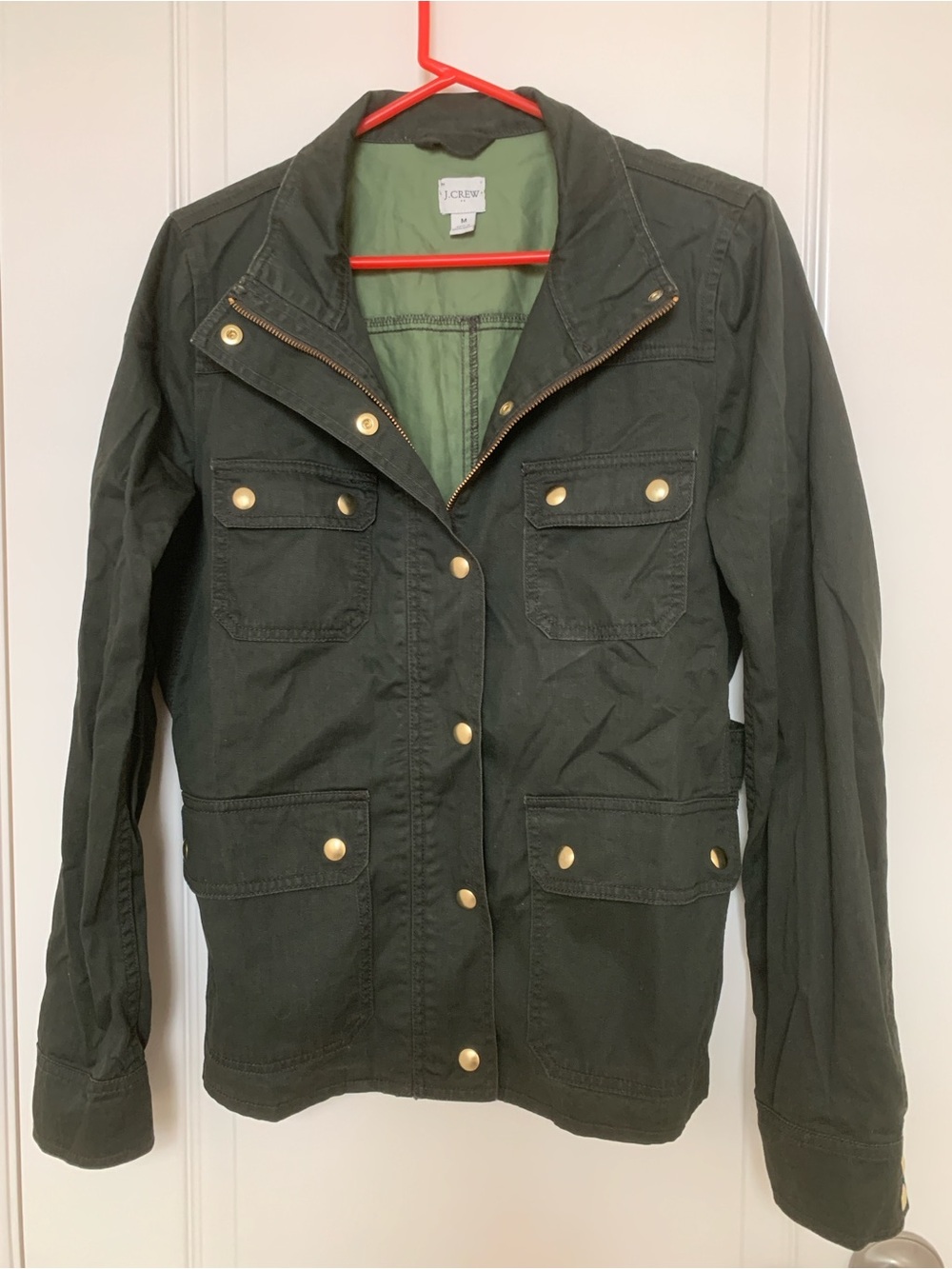 J.Crew Olive Utility Jacket Military Field Coat Gold Snap Cotton Size Medium M - Picture 2 of 13